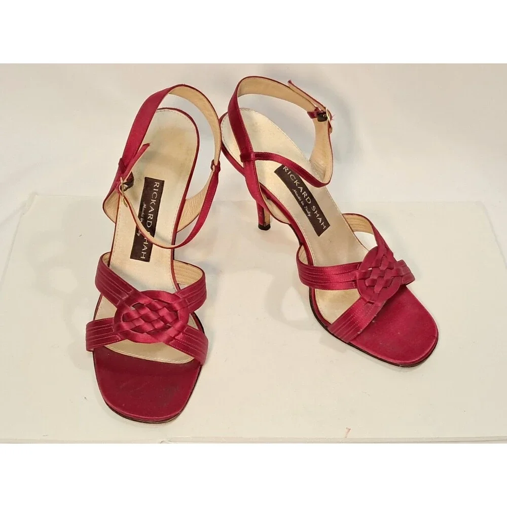 Rickard Shah Size 40 EU/9 US Open-Toe Satin Heels Sandals Red 4